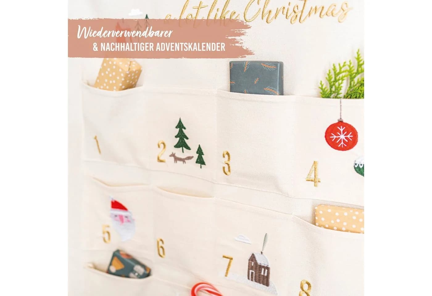 PAPIERDRACHEN befüllbarer Adventskalender Wandteppich aus Stoff beige/goldfarben - Bild 3