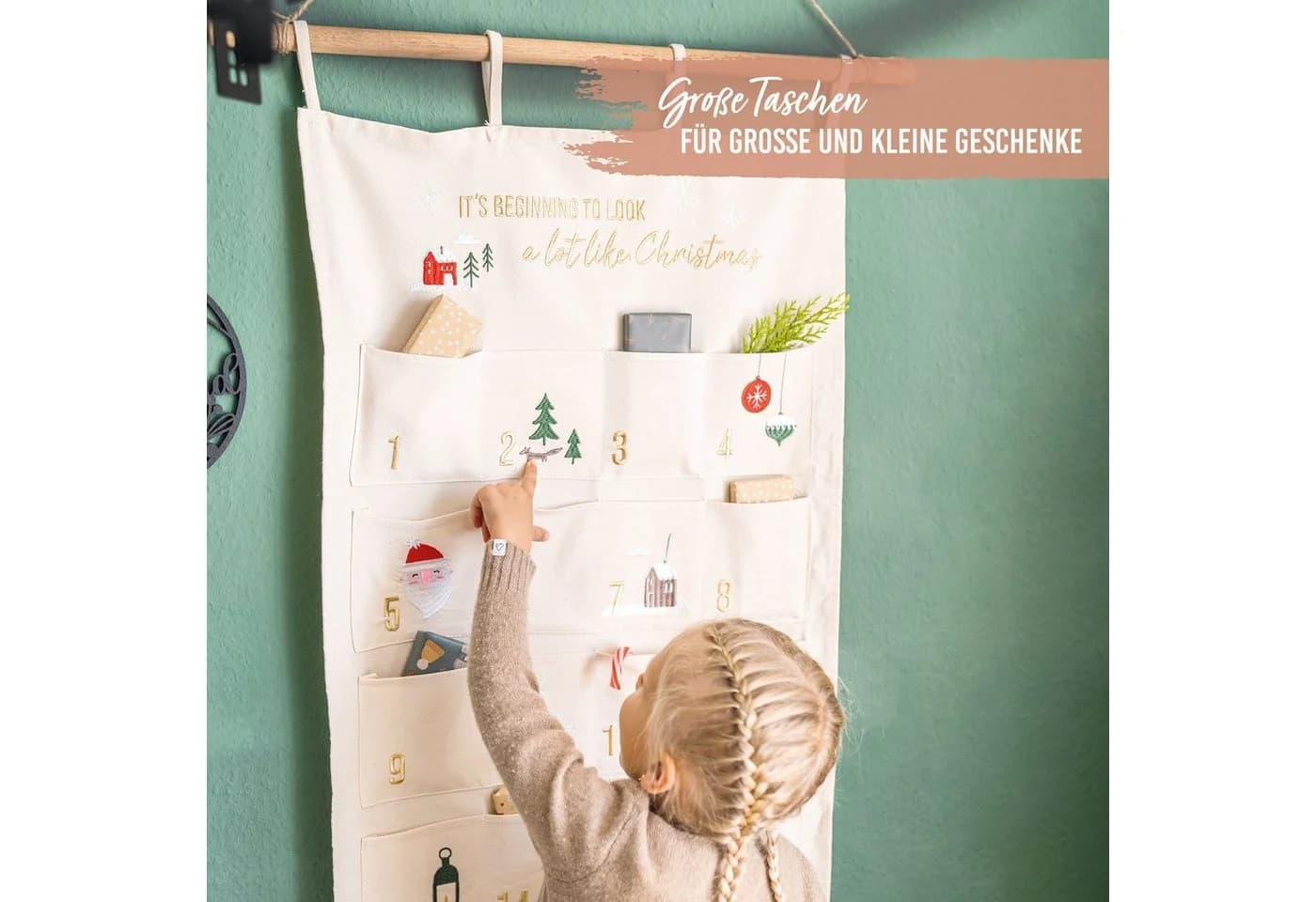 PAPIERDRACHEN befüllbarer Adventskalender Wandteppich aus Stoff beige/goldfarben - Bild 5
