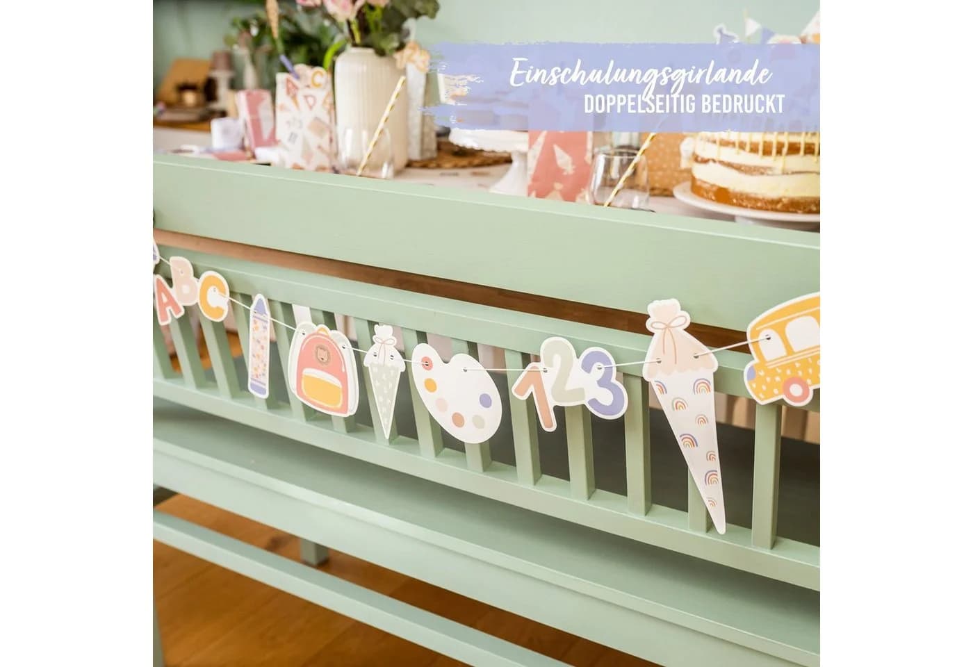 PAPIERDRACHEN Girlande zur Einschulung mit Schultüten-Motiven