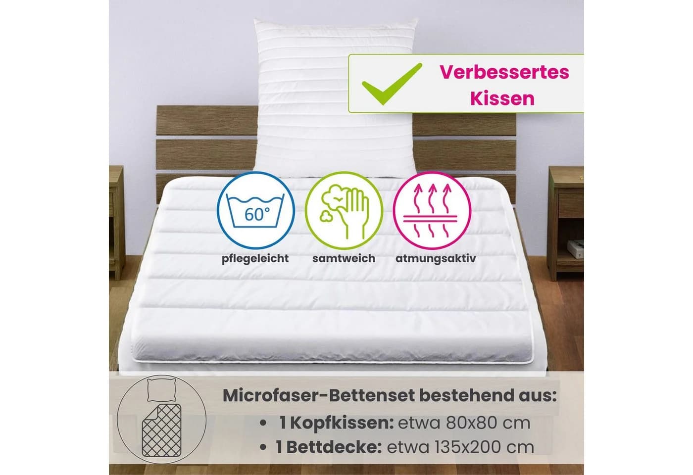 wometo Microfaserbettdecke + Kopfkissen Ganzjahres Set 135x200 cm