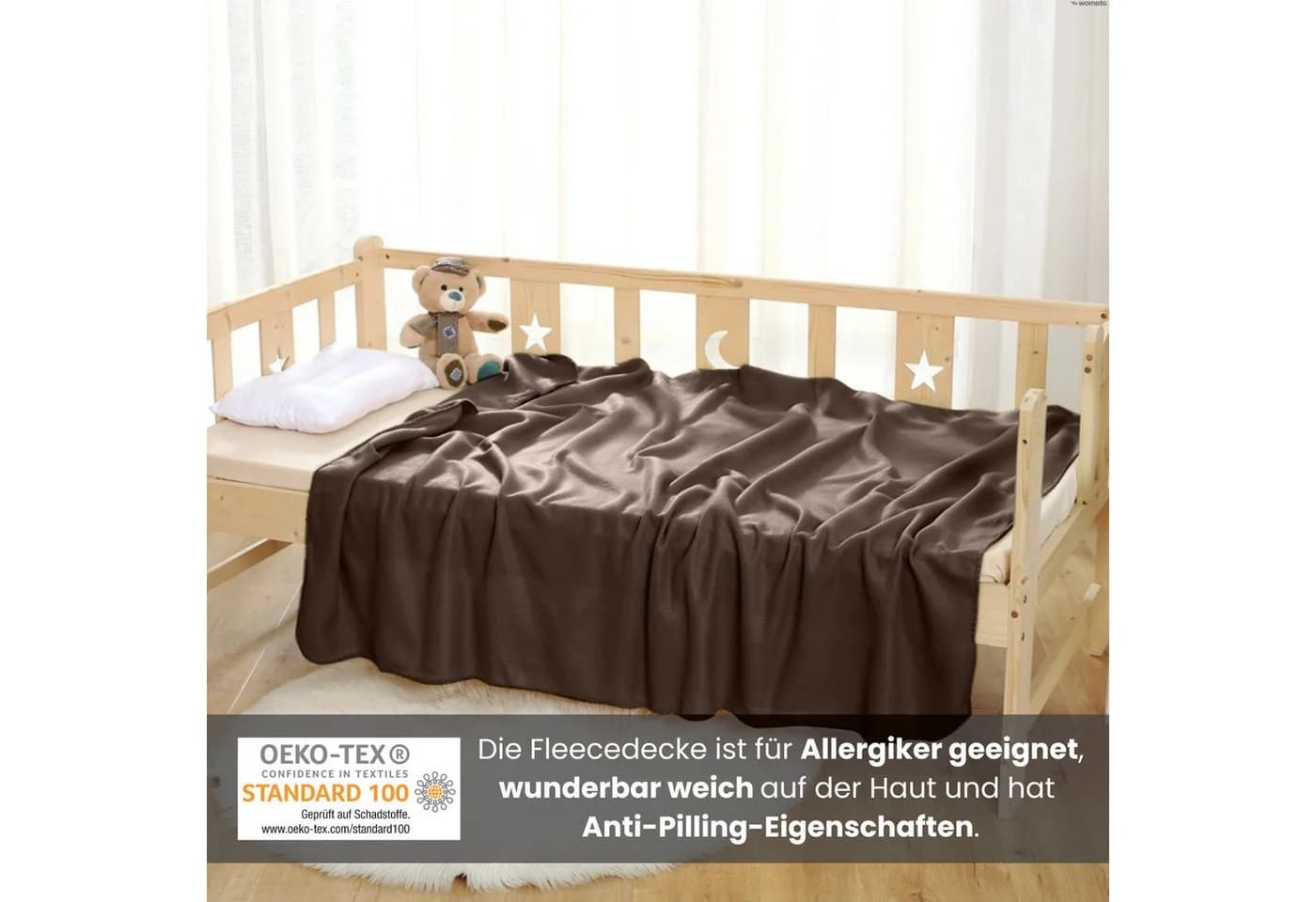 wometo Wohndecke Polar-Fleece Braun Kettel-Einfassung - Bild 3