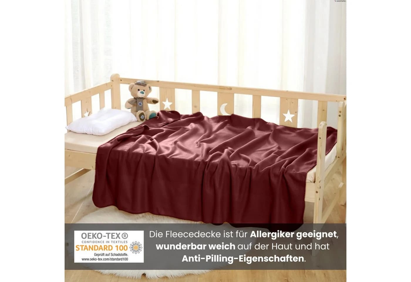 wometo Wohndecke Polar-Fleece Rot mit Kettel-Einfassung & Anti-Pilling - Bild 3