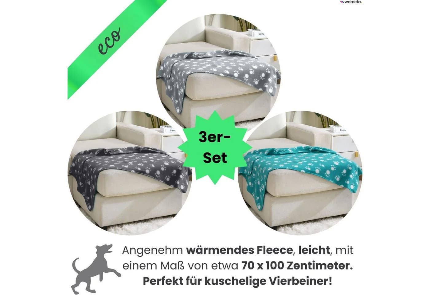 wometo Tierdecke 3er Set 100% recyceltes Fleece OEKO-TEX® Pfötchen-Print - Bild 3