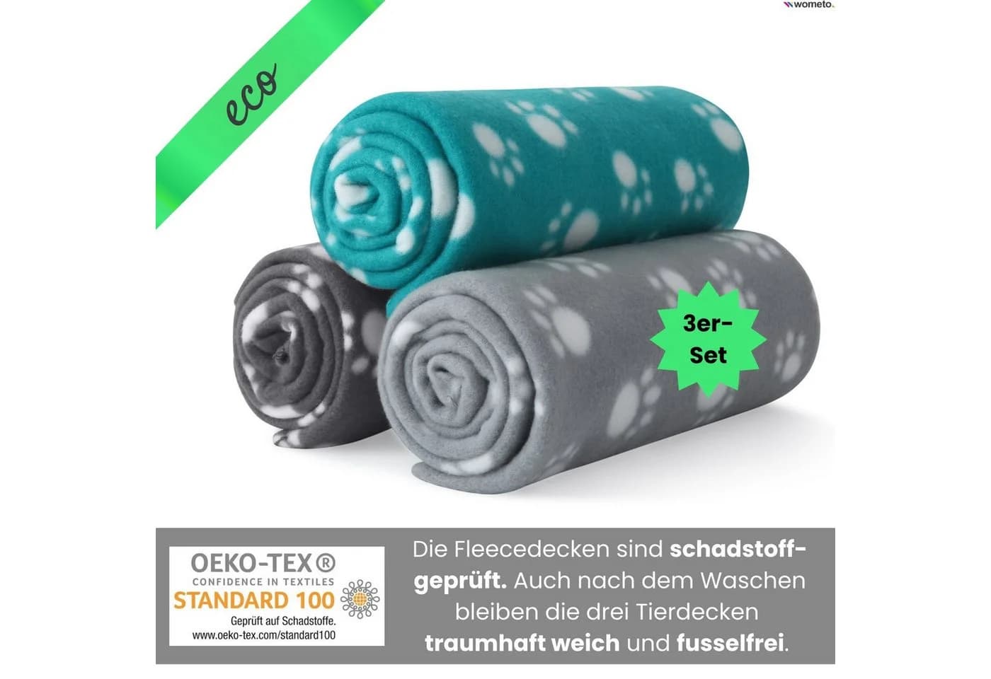 wometo Tierdecke 3er Set 100% recyceltes Fleece OEKO-TEX® Pfötchen-Print - Bild 5