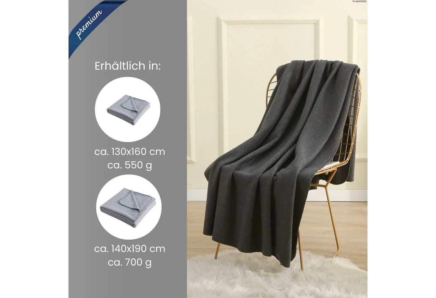 Wohndecke Premium-Fleecedecke 130x160 cm oder 140x190 cm, wometo, OEKO-TEX®, extra dick, Qualitäts-Kettelrand & Anti-Pilling