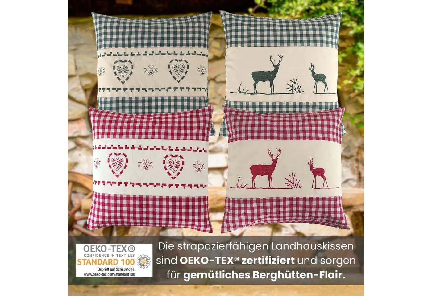 wometo Kissenhülle Landhaus Karo mit Herz-Stickerei, 40x40 cm, OEKO-TEX®, Baumwolle, Mit Füllung - Bild 3