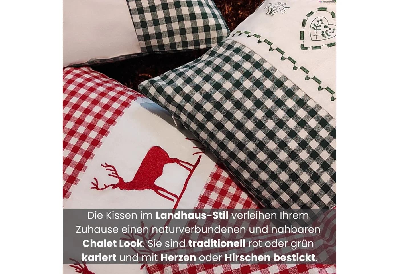 wometo Kissenhülle Landhaus Karo mit Herz-Stickerei, 40x40 cm, OEKO-TEX®, Baumwolle, Mit Füllung - Bild 5