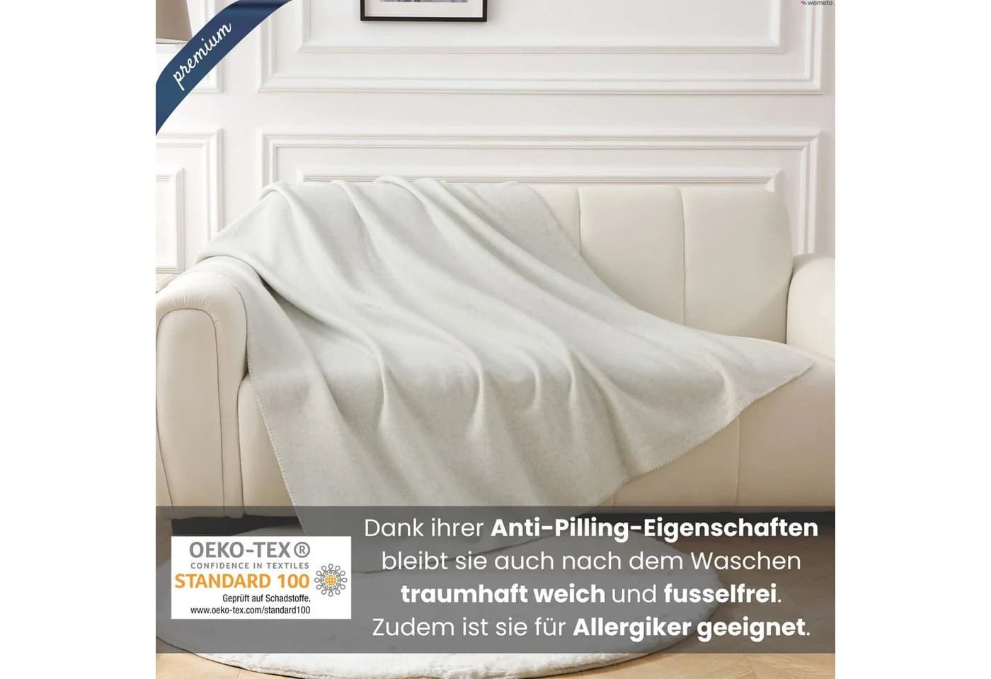 wometo Premium-Fleecedecke Weiß/Grau Anti-Pilling Kettelrand - Bild 3