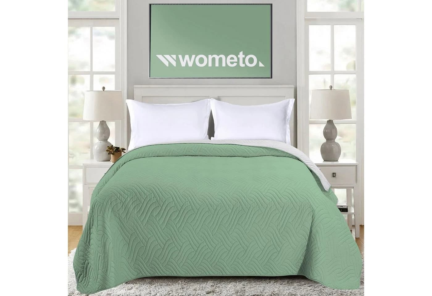 wometo Tagesdecke Wendedecke XXL Microfaser Grün/Rosa