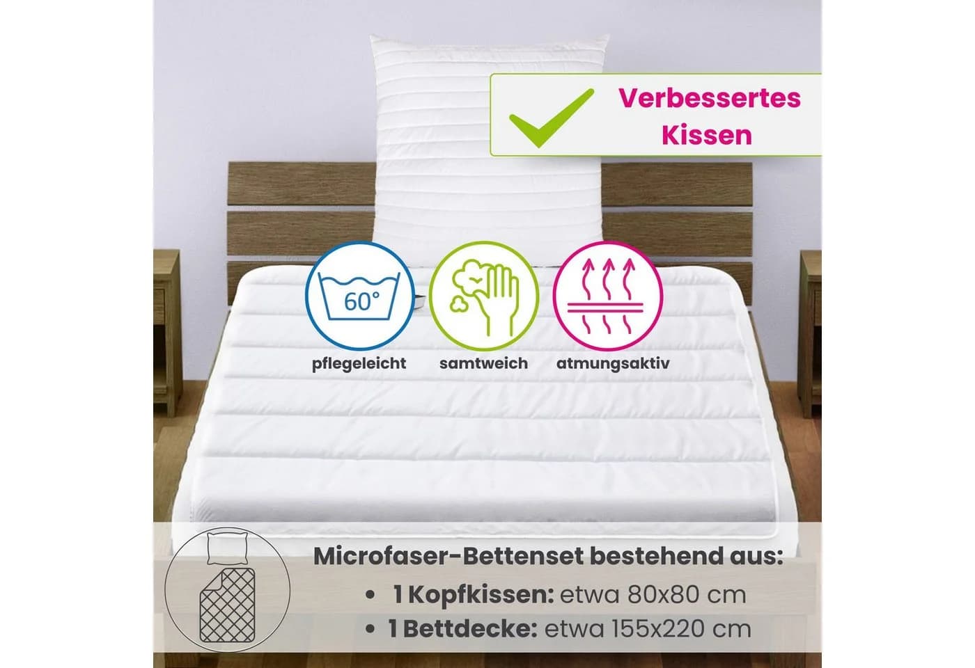 wometo Bettdecke 155x220 cm + Kopfkissen 80x80 cm Set Weiß