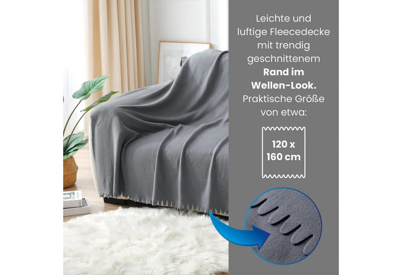 wometo Wohndecke WAVE Grau Fleecedecke mit Wellenrand & Anti-Pilling