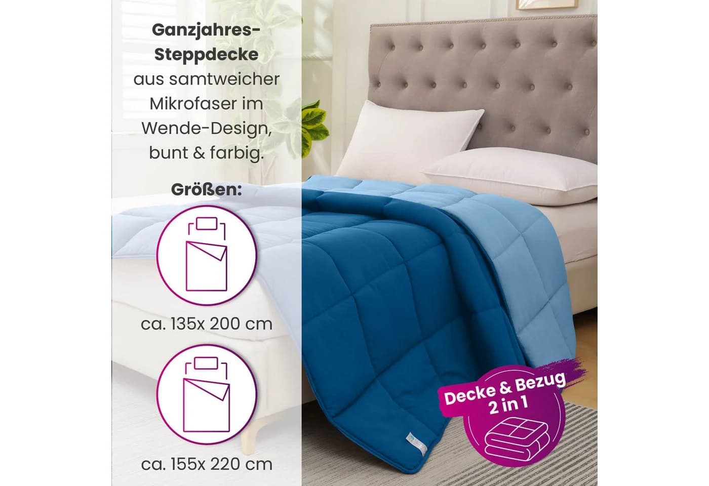 wometo Microfaserbettdecke Bi-Color Blau Ganzjahr Steppbett