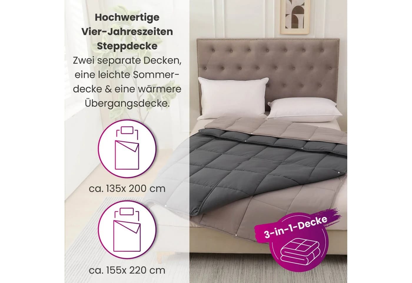 wometo Microfaserbettdecke 4-Jahreszeiten Bi-Color Kunstfaser OEKO-TEX®