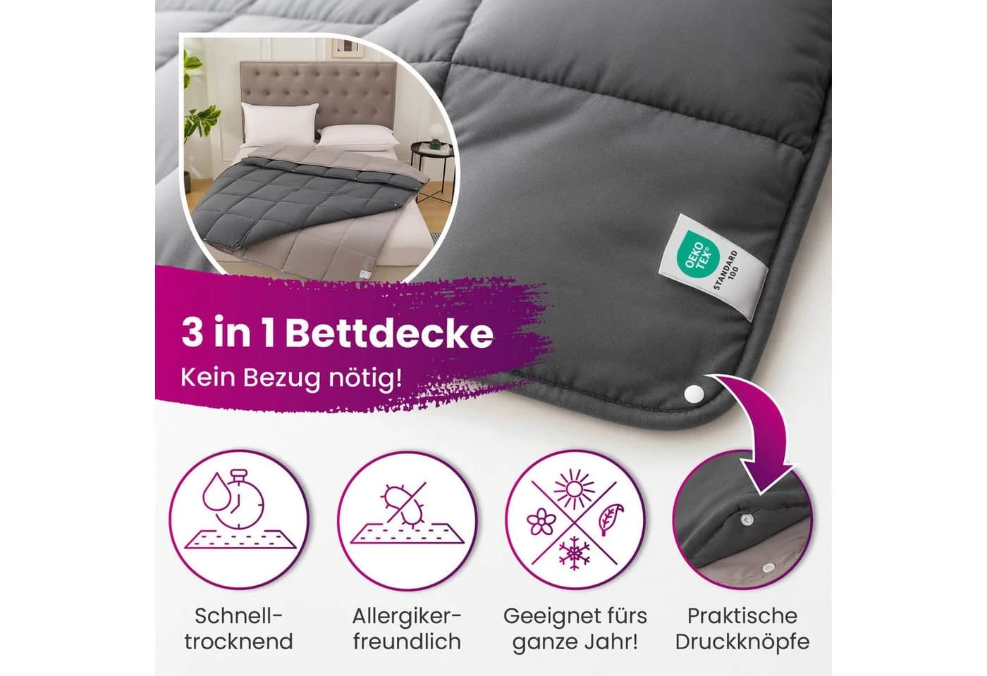 wometo Microfaserbettdecke 4-Jahreszeiten Bi-Color Kunstfaser OEKO-TEX® - Bild 4