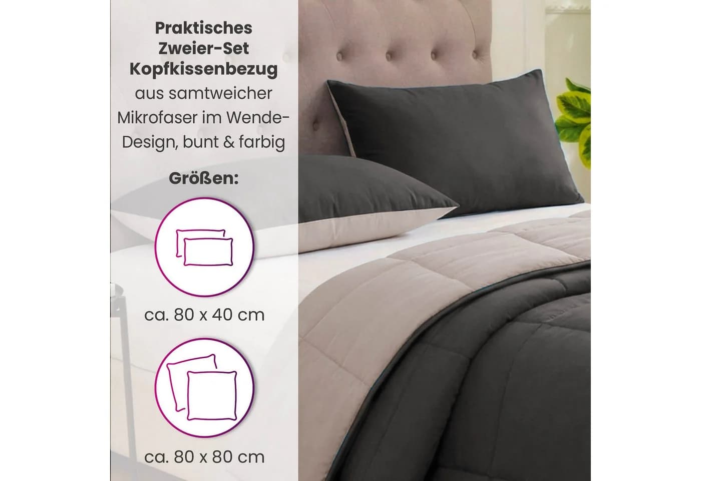 wometo Kissenhüllen Microfaser Grau Hotelverschluss Doppelpack