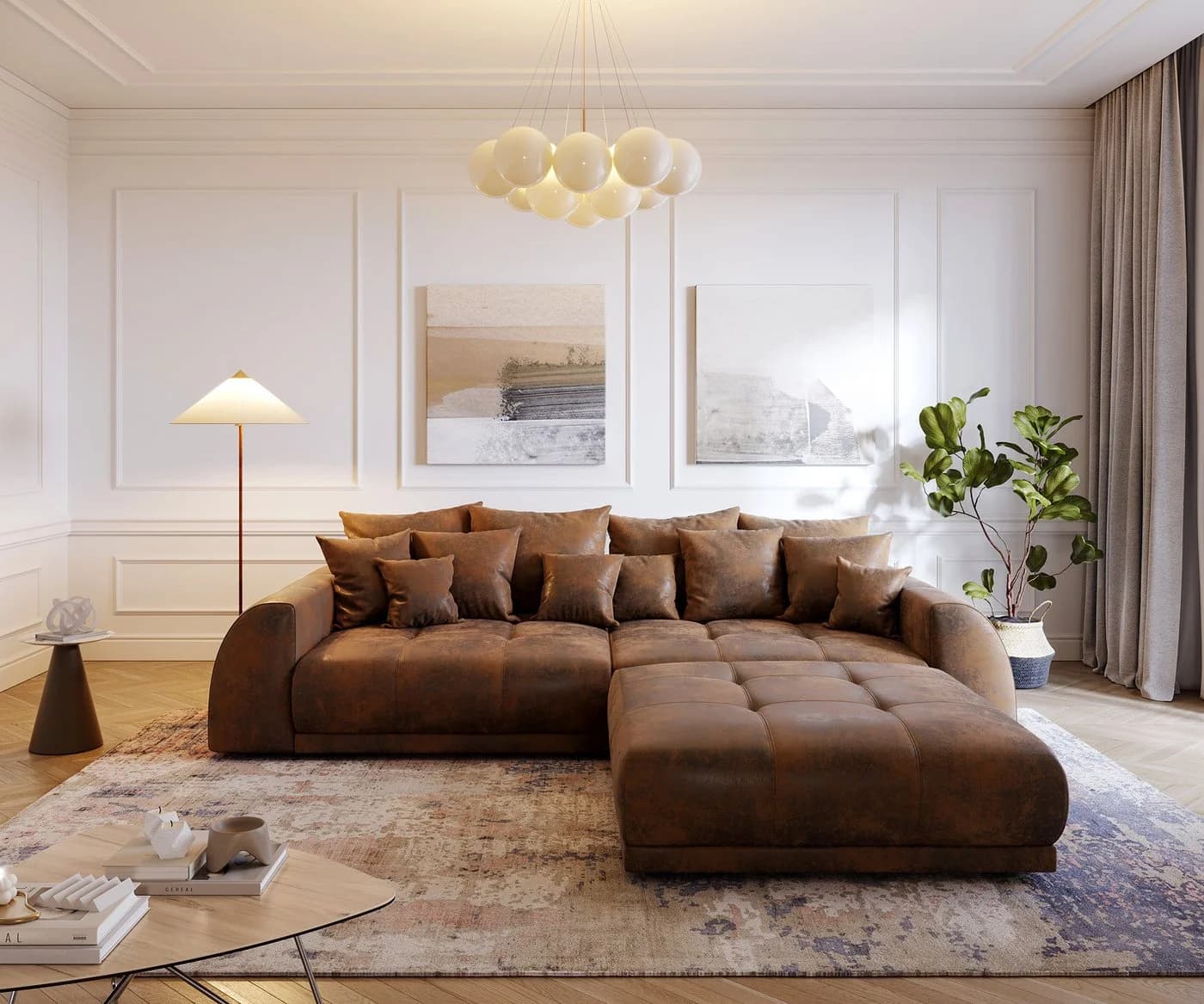 DELIFE Big-Sofa Violetta Braun Vintage Optik mit Hocker