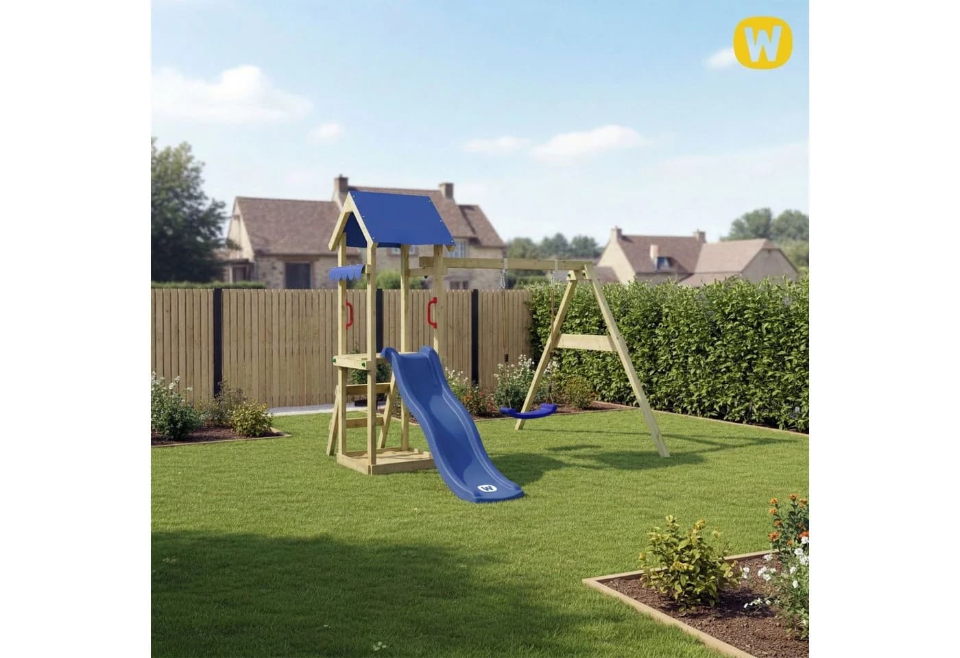 Wickey Spielturm TinyWave Holz mit Schaukel Rutsche Sandkasten - Bild 4