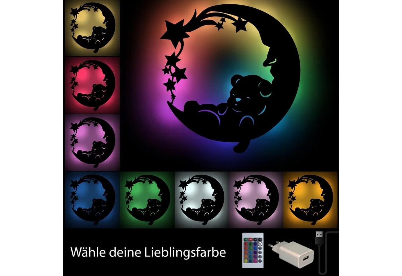 Namofactur LED Nachtlicht "Sweet Dreams" Bär auf Mond mit Fernbedienung - Bild 5