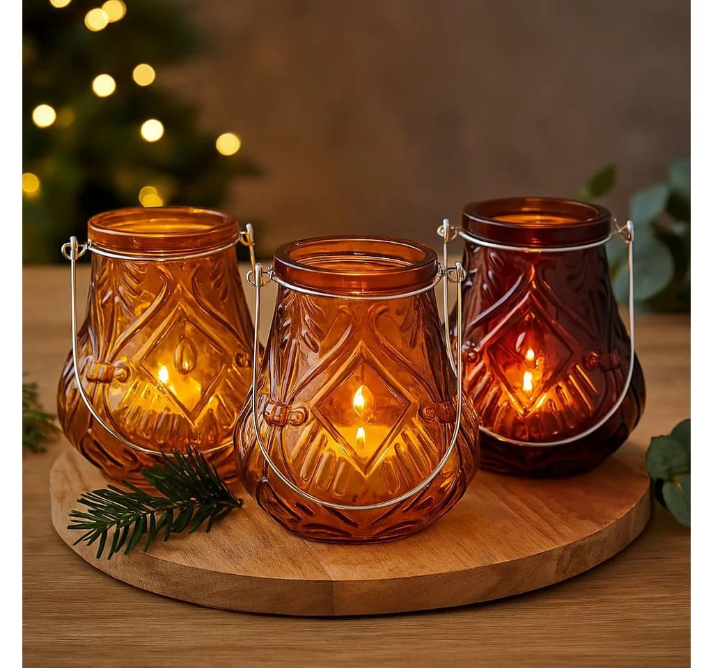 BOLTZE Windlichter 3er-Set Glas Vintage-Flair Bernstein Orange Rotbraun
