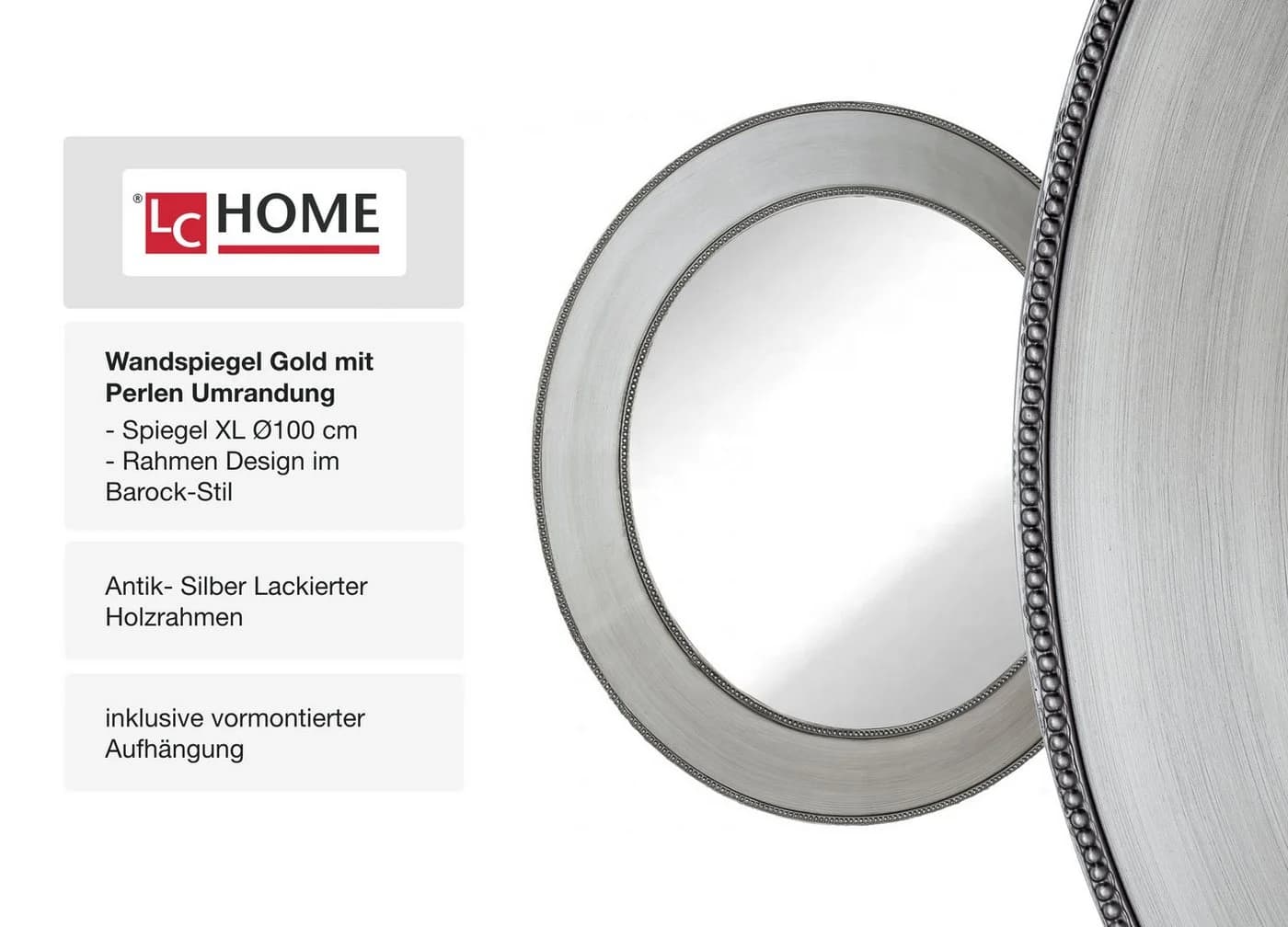 LC Home Wandspiegel Barock Ø90 cm mit Perlenumrandung - Bild 3