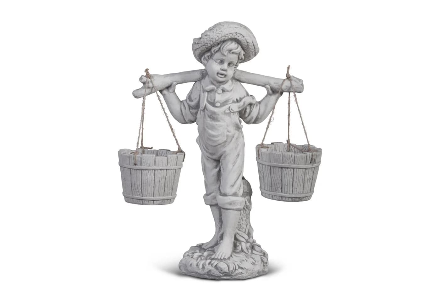 gartendekoparadies.de Gartenfigur Junge mit Blumenampel Grau Stein