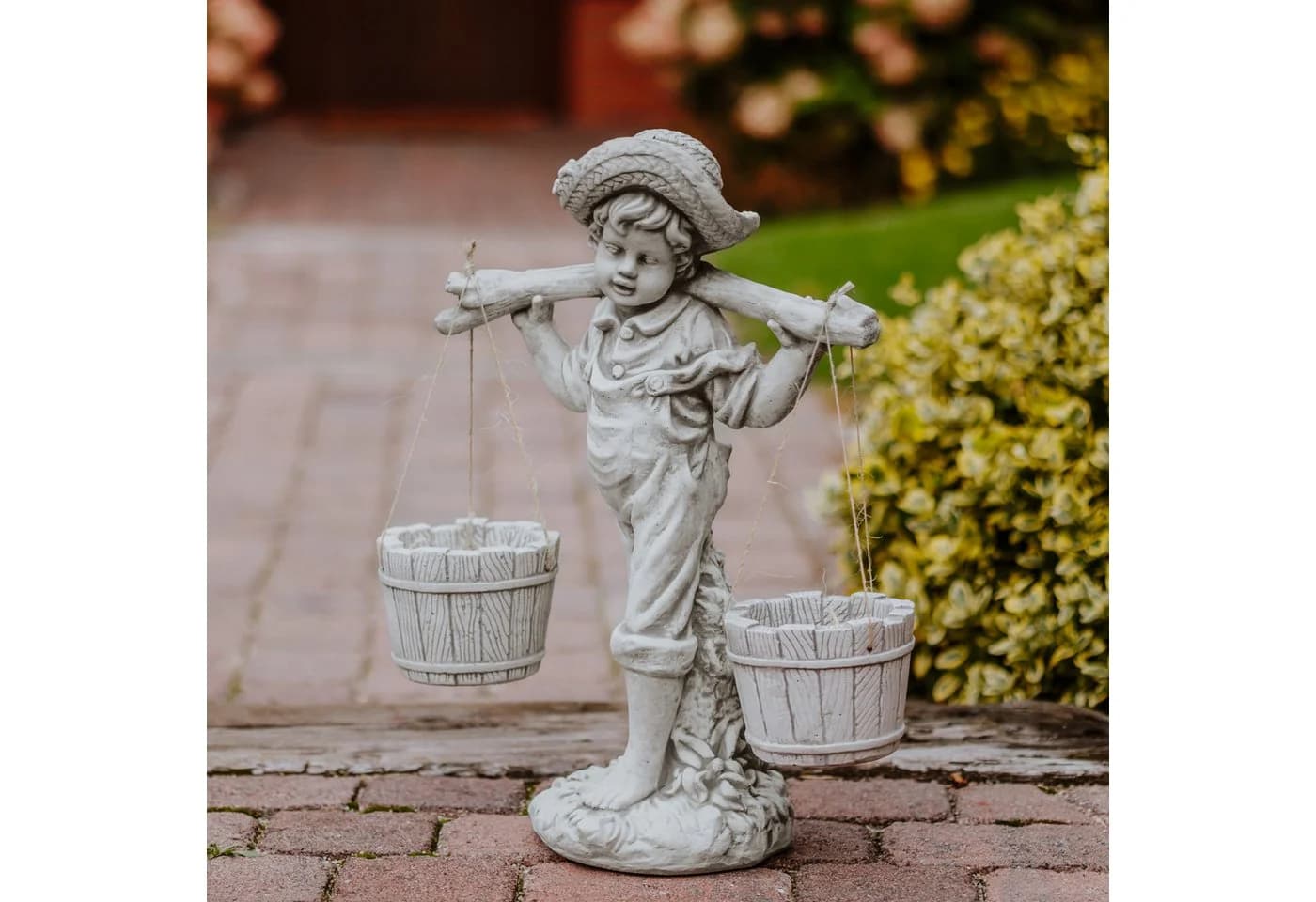 gartendekoparadies.de Gartenfigur Junge mit Blumenampel Grau Stein - Bild 2