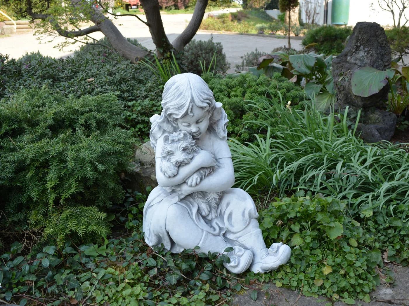 gartendekoparadies.de Gartenfigur Kleines Mädchen mit Hund Grau Stein - Bild 3