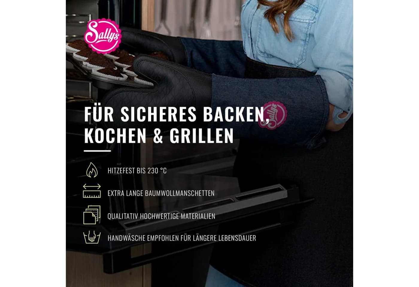 Sallys Topfhandschuhe Backhandschuhe, lange Baumwollmanschetten bis 230 °C, Zweifach vernäht, Für Rechts- und Linkshänder geeignet - Bild 3