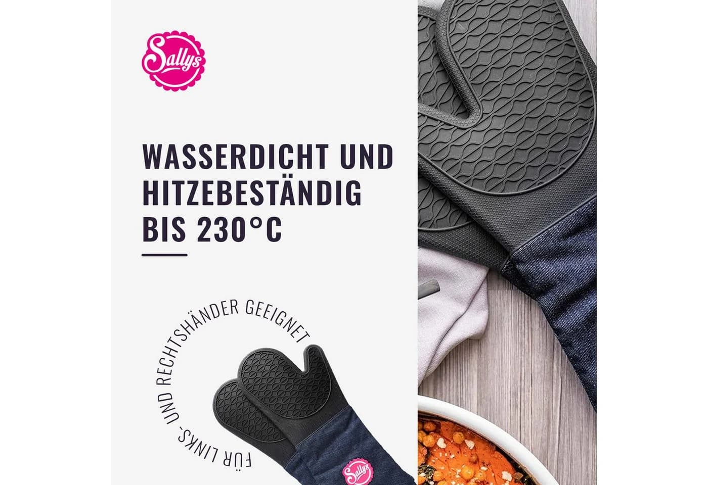 Sallys Topfhandschuhe Backhandschuhe, lange Baumwollmanschetten bis 230 °C, Zweifach vernäht, Für Rechts- und Linkshänder geeignet - Bild 5