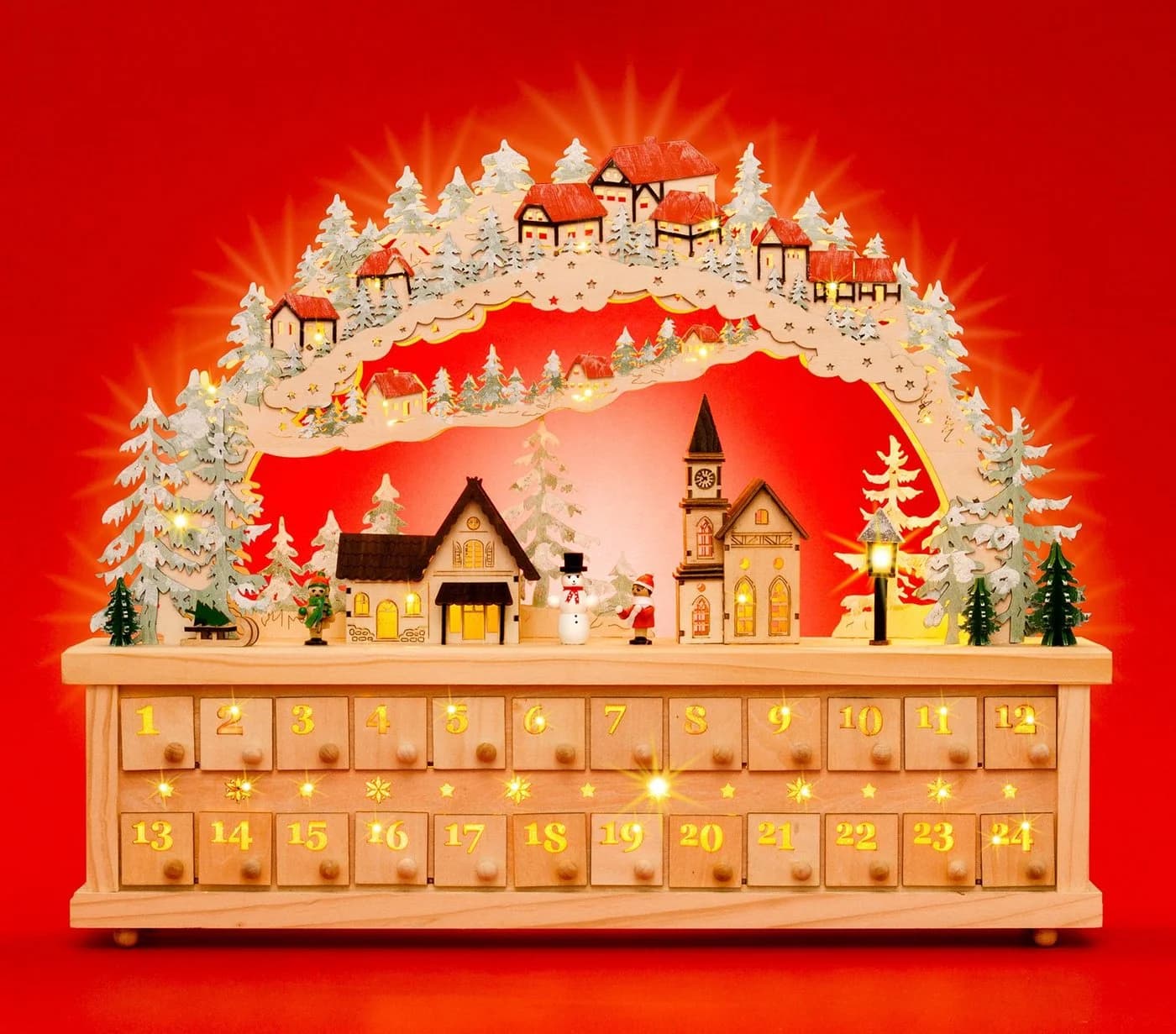 SIKORA Schwibbogen LB80 Winterdorf Adventskalender XXL LED 24 Schubkästchen