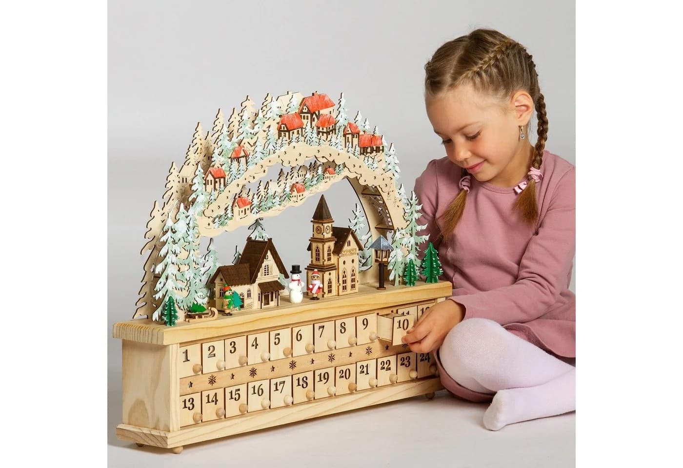SIKORA Schwibbogen LB80 Winterdorf Adventskalender XXL LED 24 Schubkästchen - Bild 4