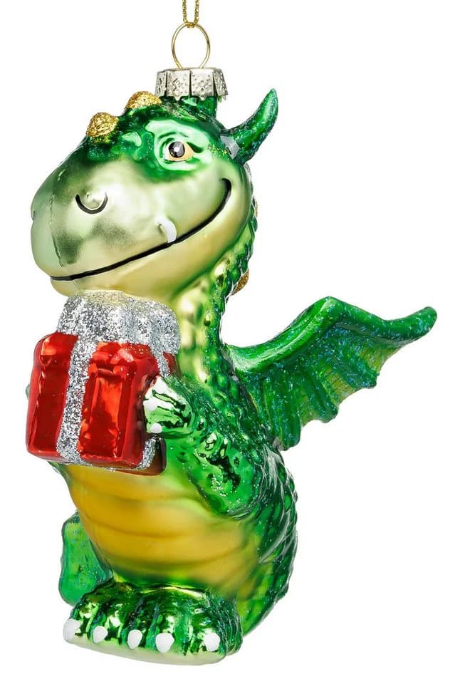 SIKORA Weihnachtsbaumkugel Drache mit Geschenk BS057