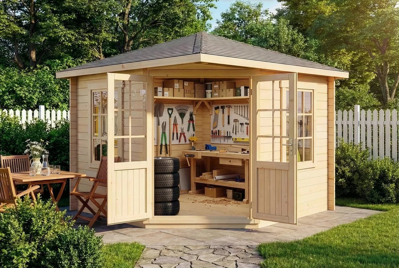 Alpholz Gartenhaus Monica 5-Eck Holz Naturbelassen