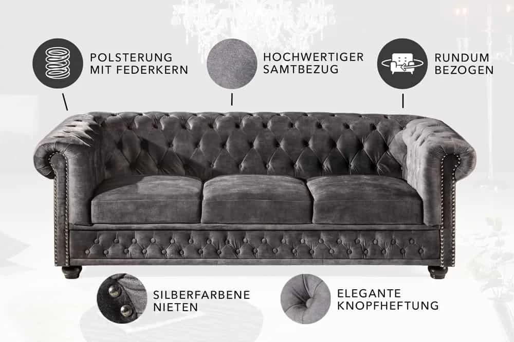 riess-ambiente Chesterfield 3-Sitzer Sofa Grau Samt - Bild 4