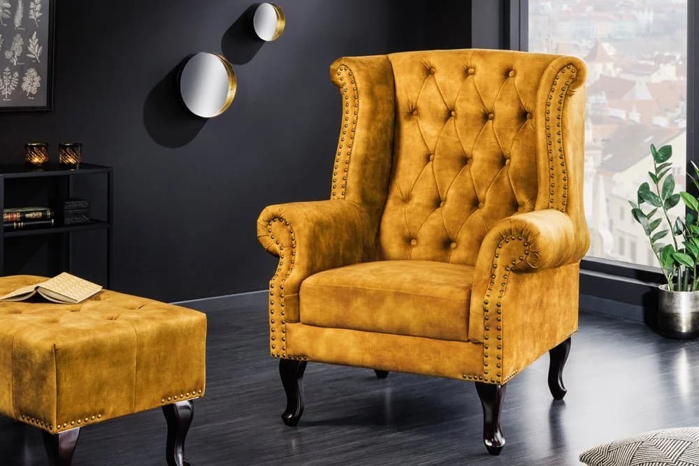 riess-ambiente Ohrensessel Chesterfield Senfgelb Samt Holz - Bild 2