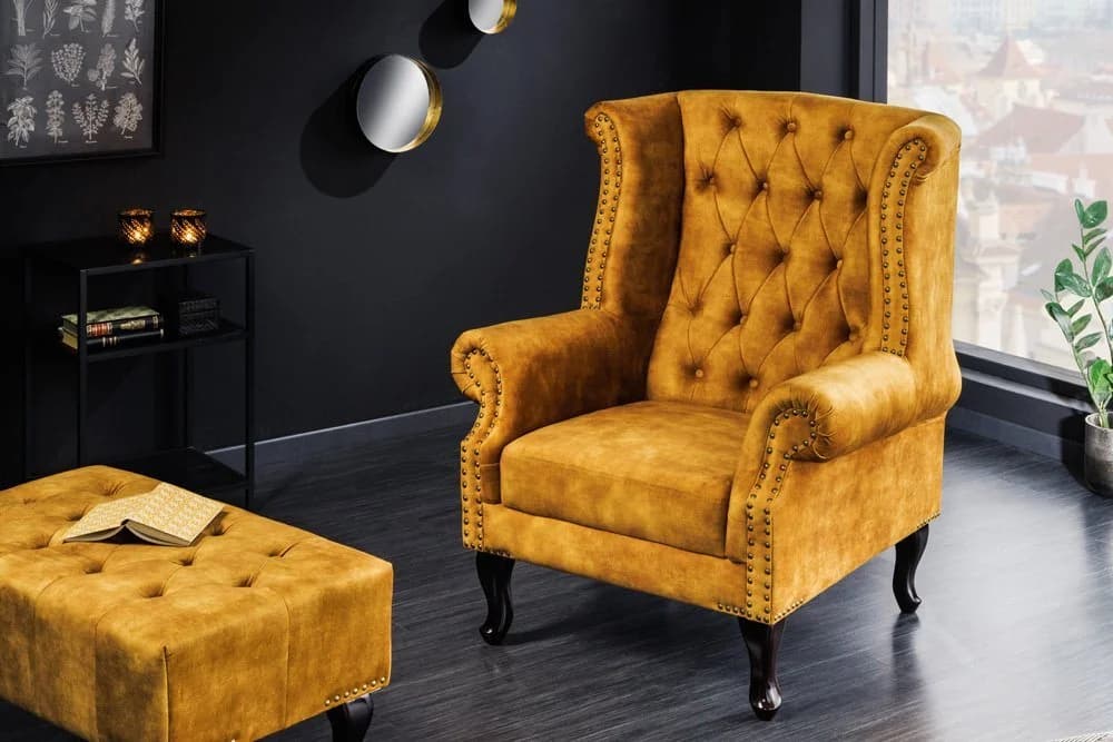riess-ambiente Ohrensessel Chesterfield Senfgelb Samt Holz - Bild 4