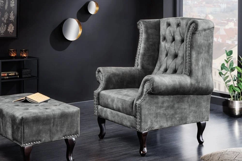 riess-ambiente Ohrensessel CHESTERFIELD Grau Samt Holz