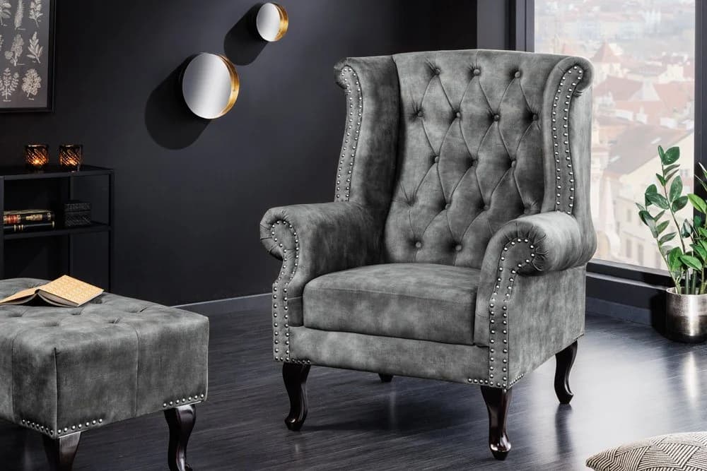 riess-ambiente Ohrensessel CHESTERFIELD Grau Samt Holz - Bild 2