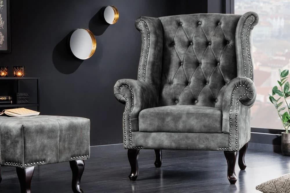 riess-ambiente Ohrensessel CHESTERFIELD Grau Samt Holz - Bild 3