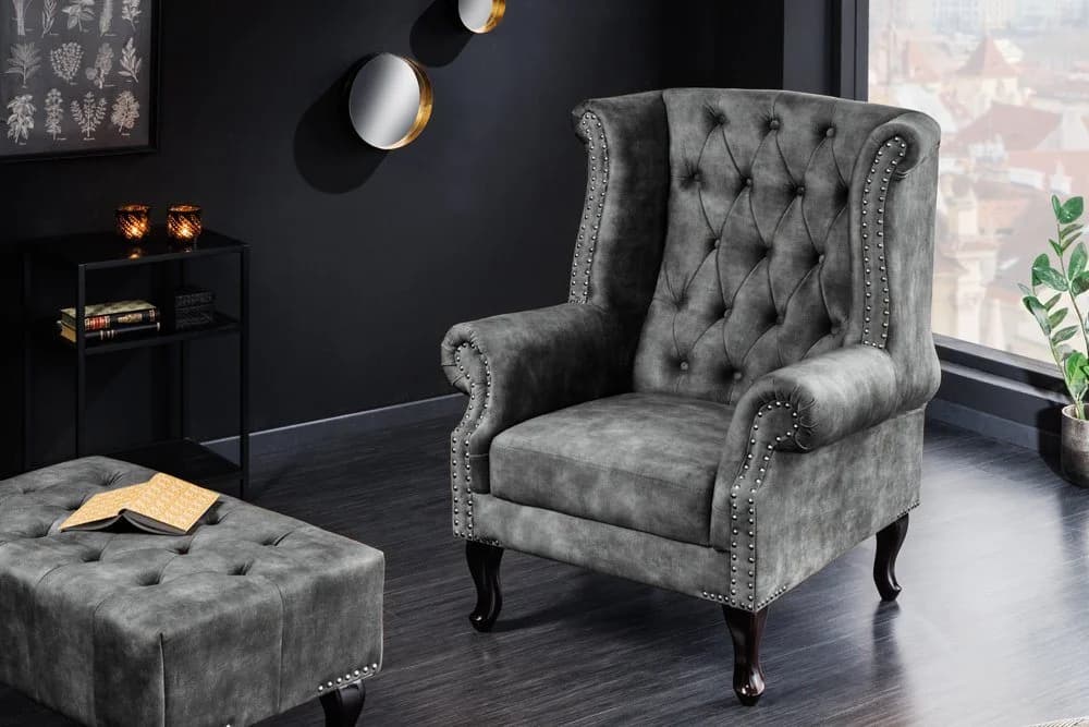 riess-ambiente Ohrensessel CHESTERFIELD Grau Samt Holz - Bild 4