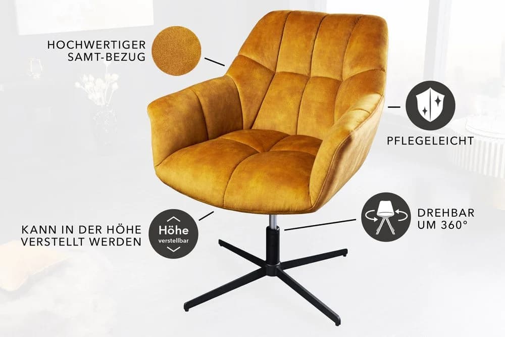 riess-ambiente Loungesessel PAPILLON Senfgelb Samt 360° drehbar höhenverstellbar - Bild 5