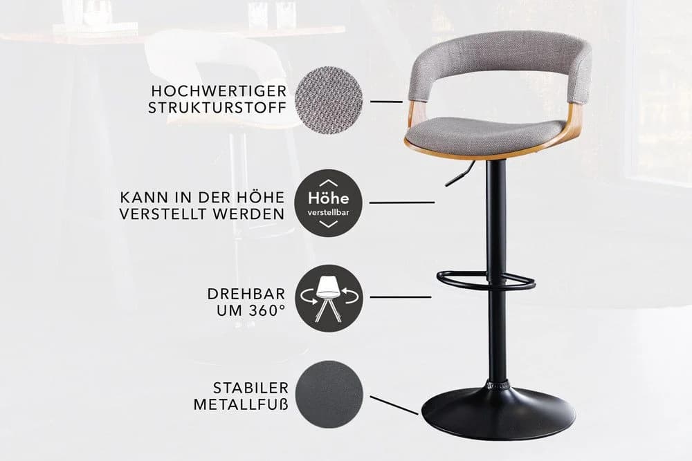 riess-ambiente Barhocker MANHATTAN Grau/Schwarz Höhenverstellbar mit Lehne - Bild 4