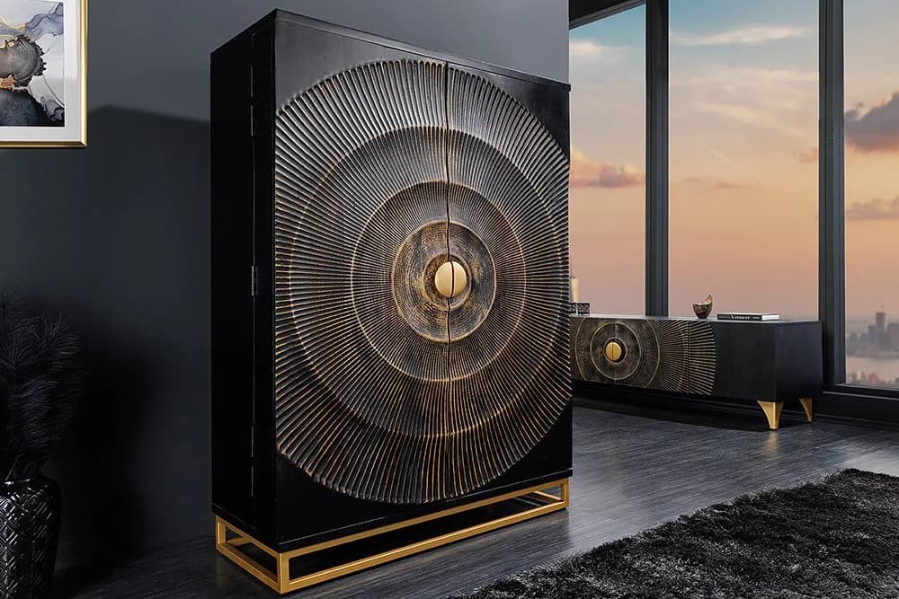 riess-ambiente Barschrank GOLDEN SUNSET 140cm Schwarz Gold Massivholz Metall 3D Front - Bild 2