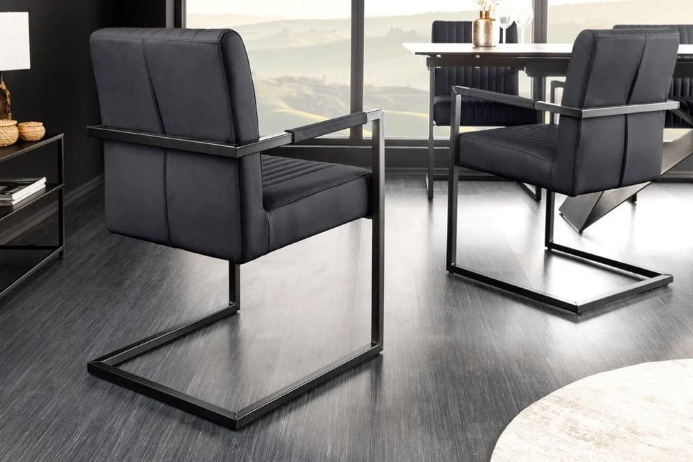 riess-ambiente Freischwinger BIG ASTON schwarz Echtleder Metall mit Armlehne - Bild 3