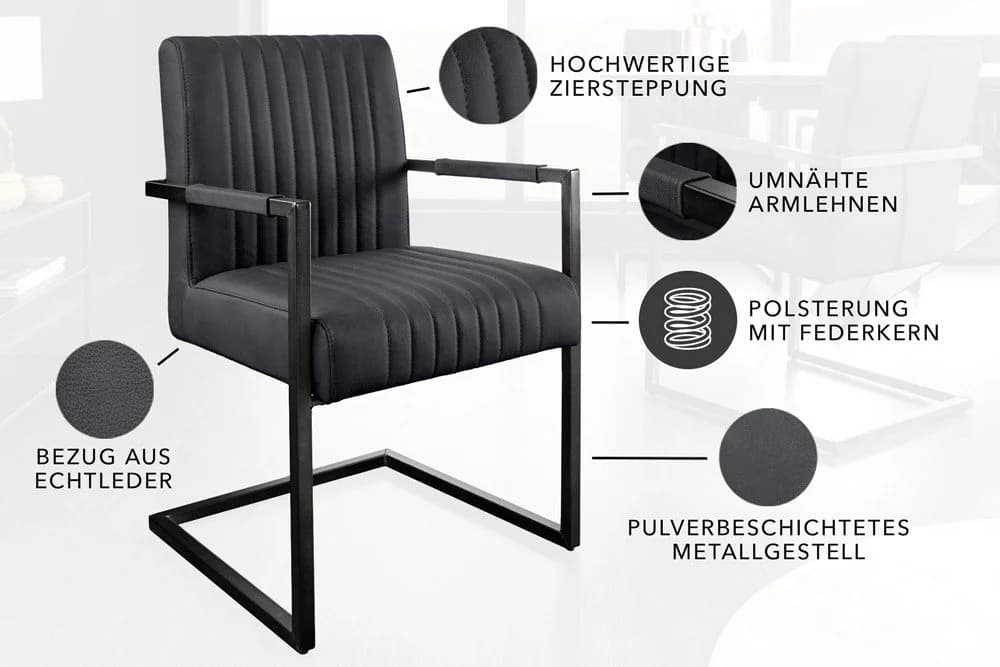 riess-ambiente Freischwinger BIG ASTON schwarz Echtleder Metall mit Armlehne - Bild 4