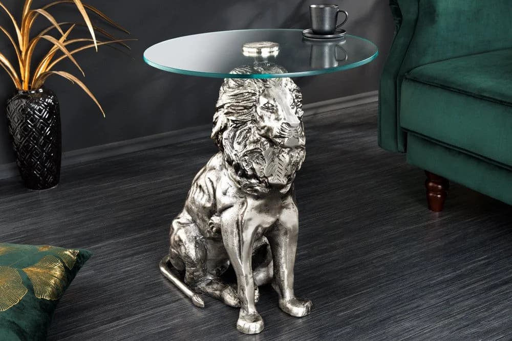 riess-ambiente Beistelltisch WILDLIFE LION 60cm silber antik mit Glasplatte - Bild 3