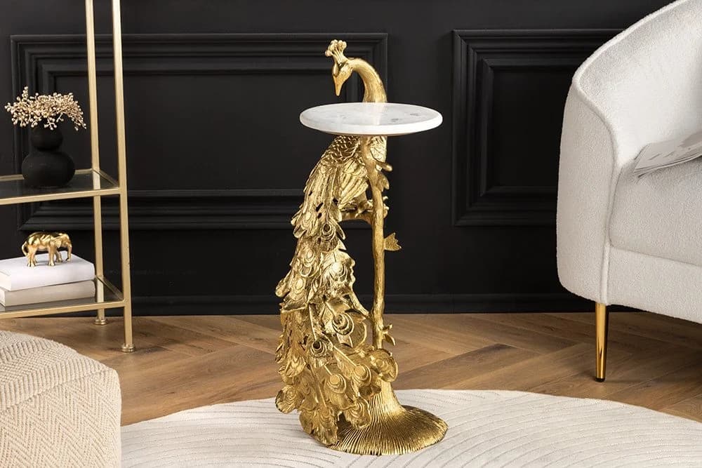 riess-ambiente Beistelltisch WILDLIFE PEACOCK 75cm Gold Antik Weiß Marmor