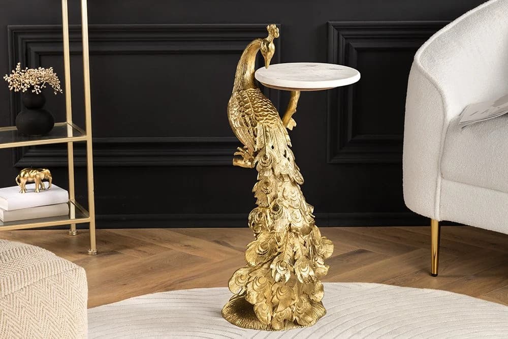 riess-ambiente Beistelltisch WILDLIFE PEACOCK 75cm Gold Antik Weiß Marmor - Bild 2