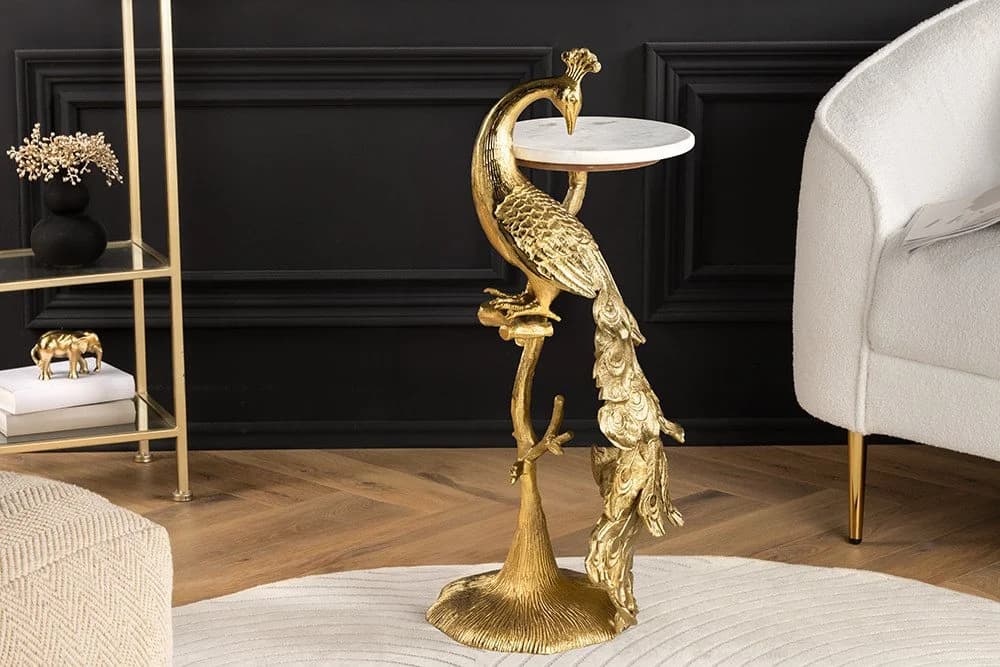 riess-ambiente Beistelltisch WILDLIFE PEACOCK 75cm Gold Antik Weiß Marmor - Bild 4