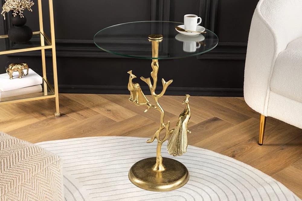 riess-ambiente Beistelltisch WILDLIFE PEACOCK 60cm Gold Transparent Glas